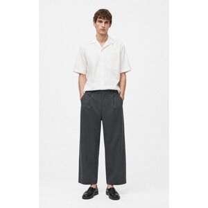 COS Mens Pleated Cotton Relaxed-Fit Wide-Leg Trousers Grey Anthracite 34R NEW
